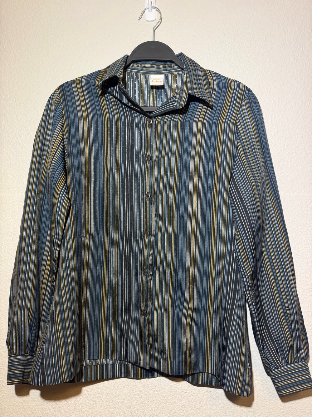 Jantzen Blue and Yellow Striped long-sleeve button up blouse
